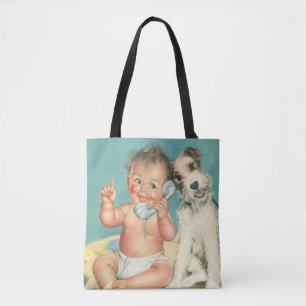 Vintage Cute Baby Talking on Phone Puppy Dog Tote Bag