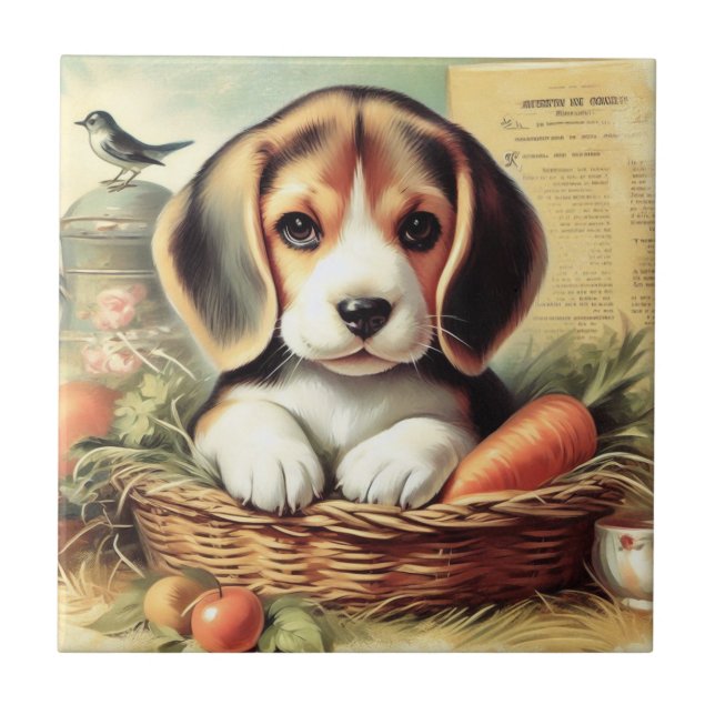 Vintage Cute Beagle Puppy Ceramic Tile (Front)