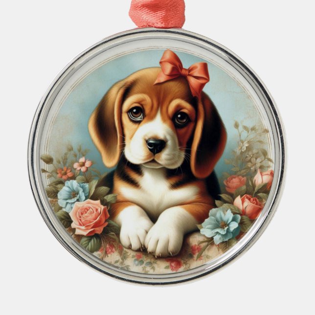 Vintage Cute Beagle Puppy Metal Ornament (Front)