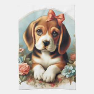 Vintage Cute Beagle Puppy Tea Towel
