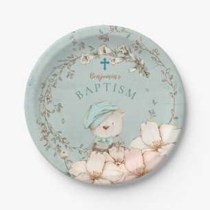Vintage Cute Bear Leaves Boy Green Baptism Paper Plate