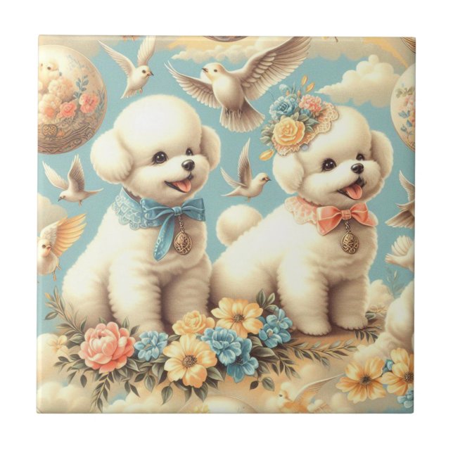 Vintage Cute Bichon Frisé Illustration Ceramic Tile (Front)