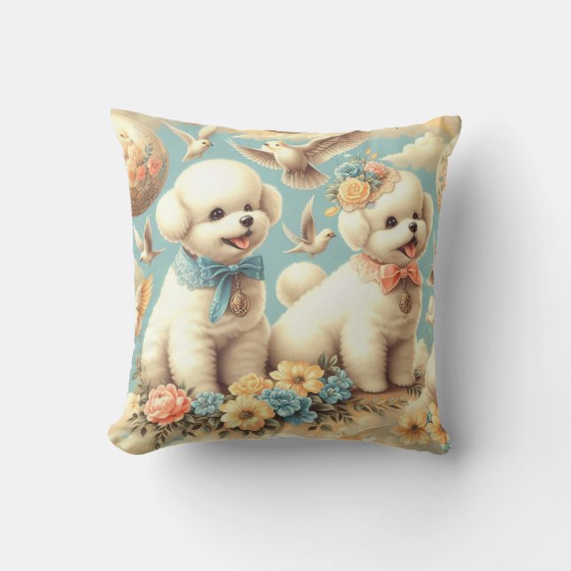 Vintage Cute Bichon Frisé Illustration Cushion (Front)