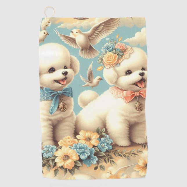 Vintage Cute Bichon Frisé Illustration Golf Towel (Front)