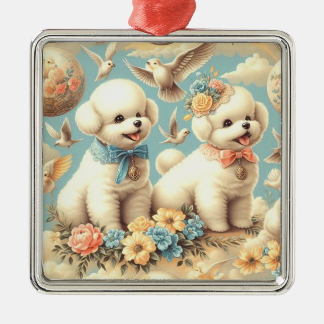 Vintage Cute Bichon Frisé Illustration Metal Ornament (Front)