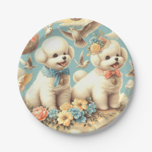 Vintage Cute Bichon Frisé Illustration Paper Plate