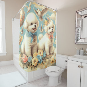 Vintage Cute Bichon Frisé Illustration Shower Curtain