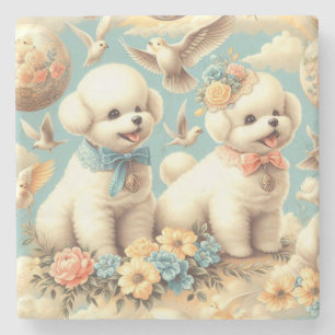 Vintage Cute Bichon Frisé Illustration Stone Coaster