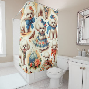 Vintage Cute Bichon Frisé Painting Shower Curtain