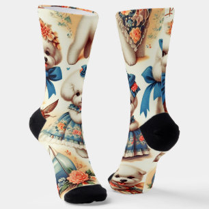 Vintage Cute Bichon Frisé Painting Socks