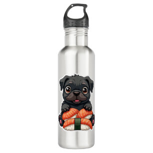 Vintage Cute Black Pug Sushi Cartoon Vector Illust 710 Ml Water Bottle