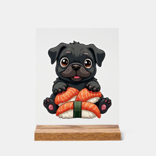 Vintage Cute Black Pug Sushi Cartoon Vector Illust Acrylic Sign
