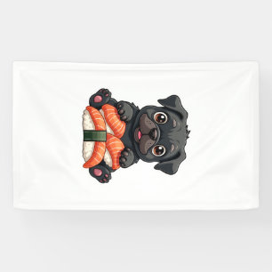 Vintage Cute Black Pug Sushi Cartoon Vector Illust Banner