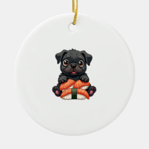 Vintage Cute Black Pug Sushi Cartoon Vector Illust Ceramic Ornament