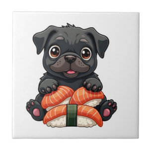 Vintage Cute Black Pug Sushi Cartoon Vector Illust Ceramic Tile