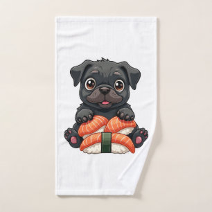 Vintage Cute Black Pug Sushi Cartoon Vector Illust Hand Towel