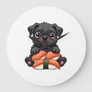 Vintage Cute Black Pug Sushi Cartoon Vector Illust Large Clock