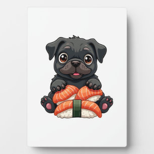 Vintage Cute Black Pug Sushi Cartoon Vector Illust Plaque