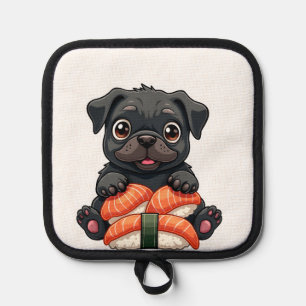 Vintage Cute Black Pug Sushi Cartoon Vector Illust Pot Holder