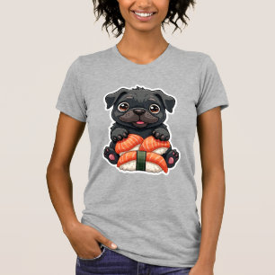 Vintage Cute Black Pug Sushi Cartoon Vector Illust T-Shirt
