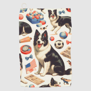 Vintage Cute Border Collie Illustration Golf Towel