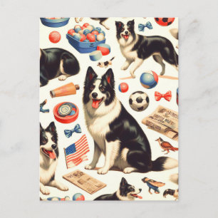 Vintage Cute Border Collie Illustration Postcard