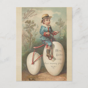 Vintage cute boy egg bicycle easter blessing holiday postcard