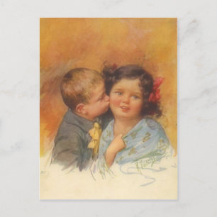 Vintage Cute Boy Stealing a Kiss on the Cheek Postcard