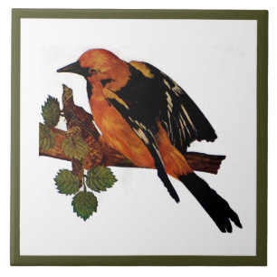 Vintage Cute Bright Colourful Bird and Foliage Ceramic Tile