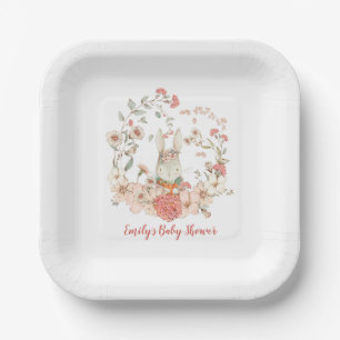 Vintage Cute Bunny Florals Girl Baby Shower Paper Plate