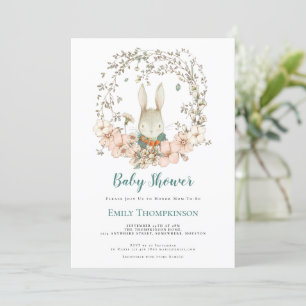 Vintage Cute Bunny Foliage Turquoise Baby Shower Invitation