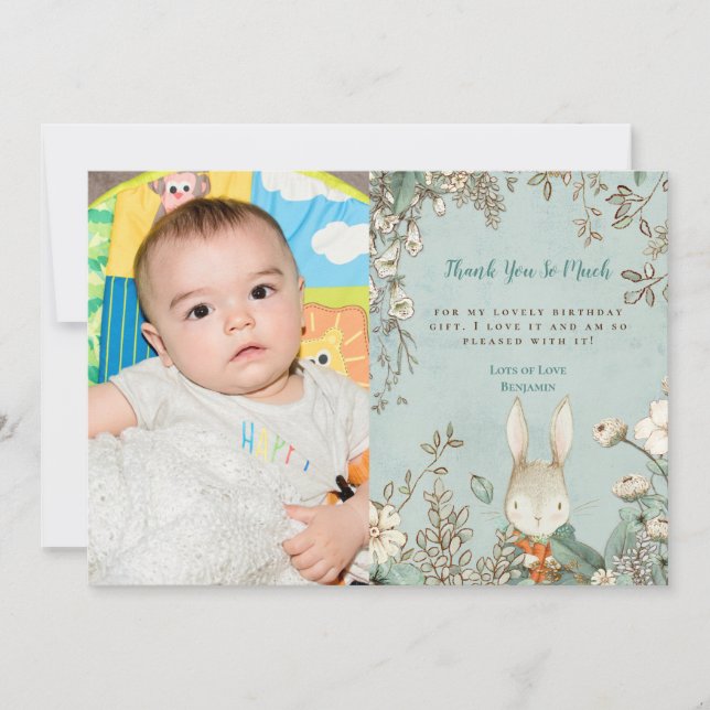 Vintage Cute Bunny Photo First Birthday Thank You (Front)
