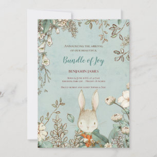 Vintage Cute Bunny Photo Leaf Floral Baby Birth Announcement