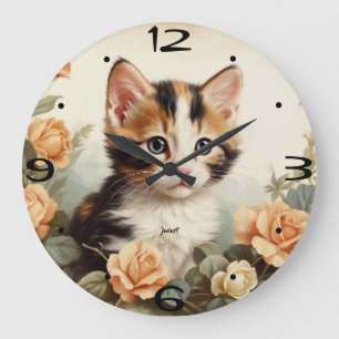 Vintage Cute Calico Kitten Portrait Flowers Sweet Large Clock