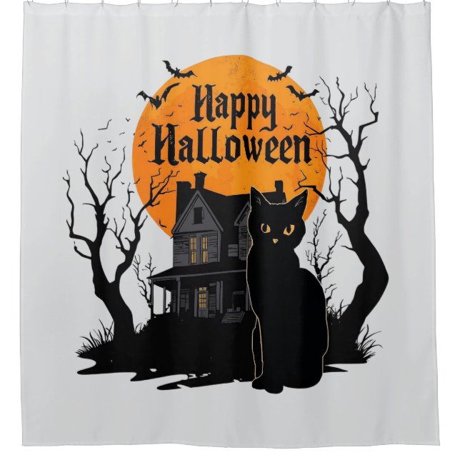 Vintage Cute Cat Bat Happy Halloween  Shower Curtain (Front)
