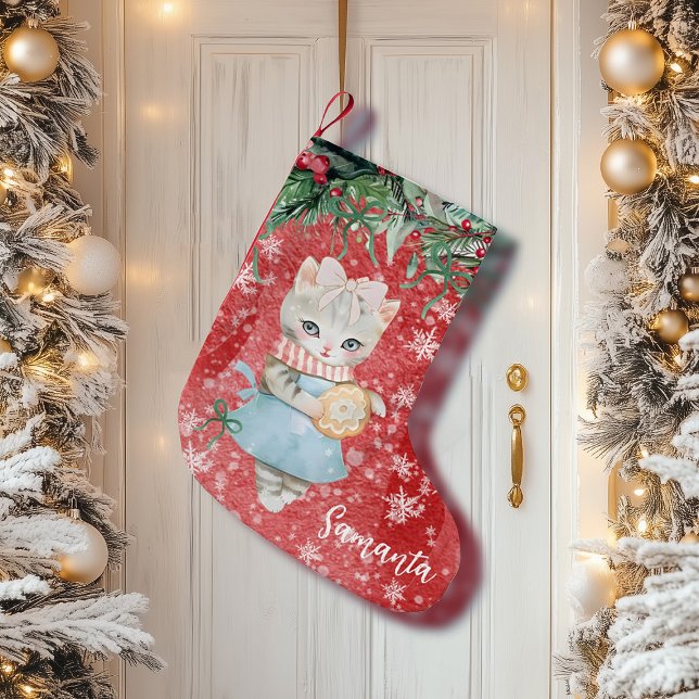Vintage cute cat Christmas Stocking (christmas stockings personalized,design your own stocking,vintage christmas stocking,cat cookies sto)