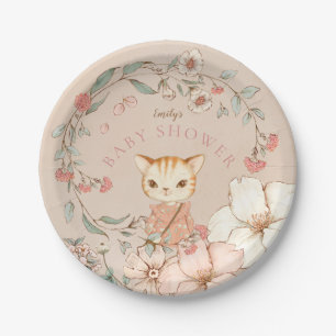 Vintage Cute Cat Flowers Girl Blush Baby Shower Paper Plate