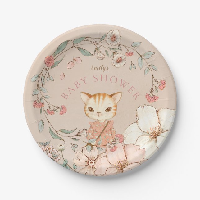 Vintage Cute Cat Flowers Girl Blush Baby Shower Paper Plate (Front)