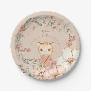 Vintage Cute Cat Flowers Girl Blush First Birthday Paper Plate