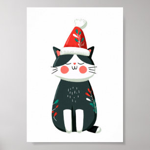 Vintage Cute Cat in Santa Hat – Cozy Christmas Poster