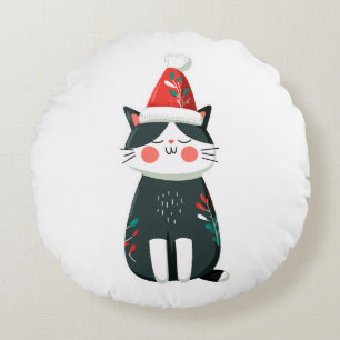 Vintage Cute Cat in Santa Hat – Cozy Christmas Round Cushion