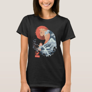 Vintage Cute Cat Japanese Wave Sunset T-Shirt
