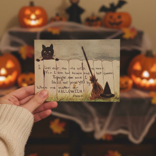 Vintage Cute Cat Peeking Halloween Postcard