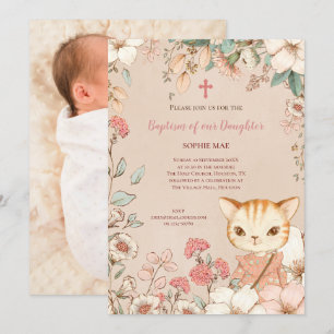 Vintage Cute Cat Photo Flowers Baby Girl Baptism Invitation