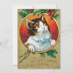 Vintage Cute Cat Wishing you a Merry Christmas Holiday Card