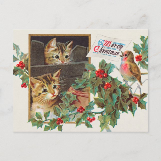 Vintage Cute Cats and Bird Merry Christmas Holiday (Front)