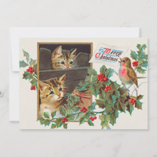 Vintage Cute Cats and Bird Merry Christmas Holiday Card