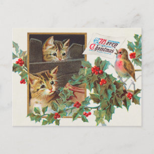 Vintage Cute Cats and Bird Merry Christmas Holiday Postcard