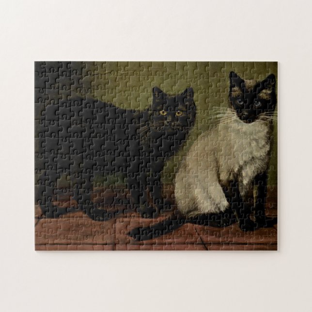 Vintage Cute Cats Black Manx Siamese Jigsaw Puzzle (Horizontal)
