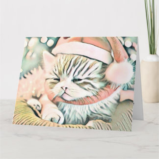 Vintage Cute Christmas Cat Watercolor Card